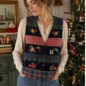 Y2K Christmas Vest Quilted Patchwork Embroidered Festive Size XL Quirky Vintage